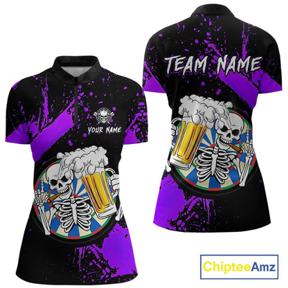 Custom Purple Skeleton Dart Jersey for Team Polo & 1/4 Zip Beer Dartboard Shirts Dart Jerseys Gift for Women DHT3
