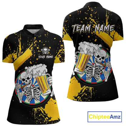 Custom Yellow Skeleton Dart Jersey for Team Polo & 1/4 Zip Beer Dartboard Shirts Dart Jerseys Gift for Women DHT3