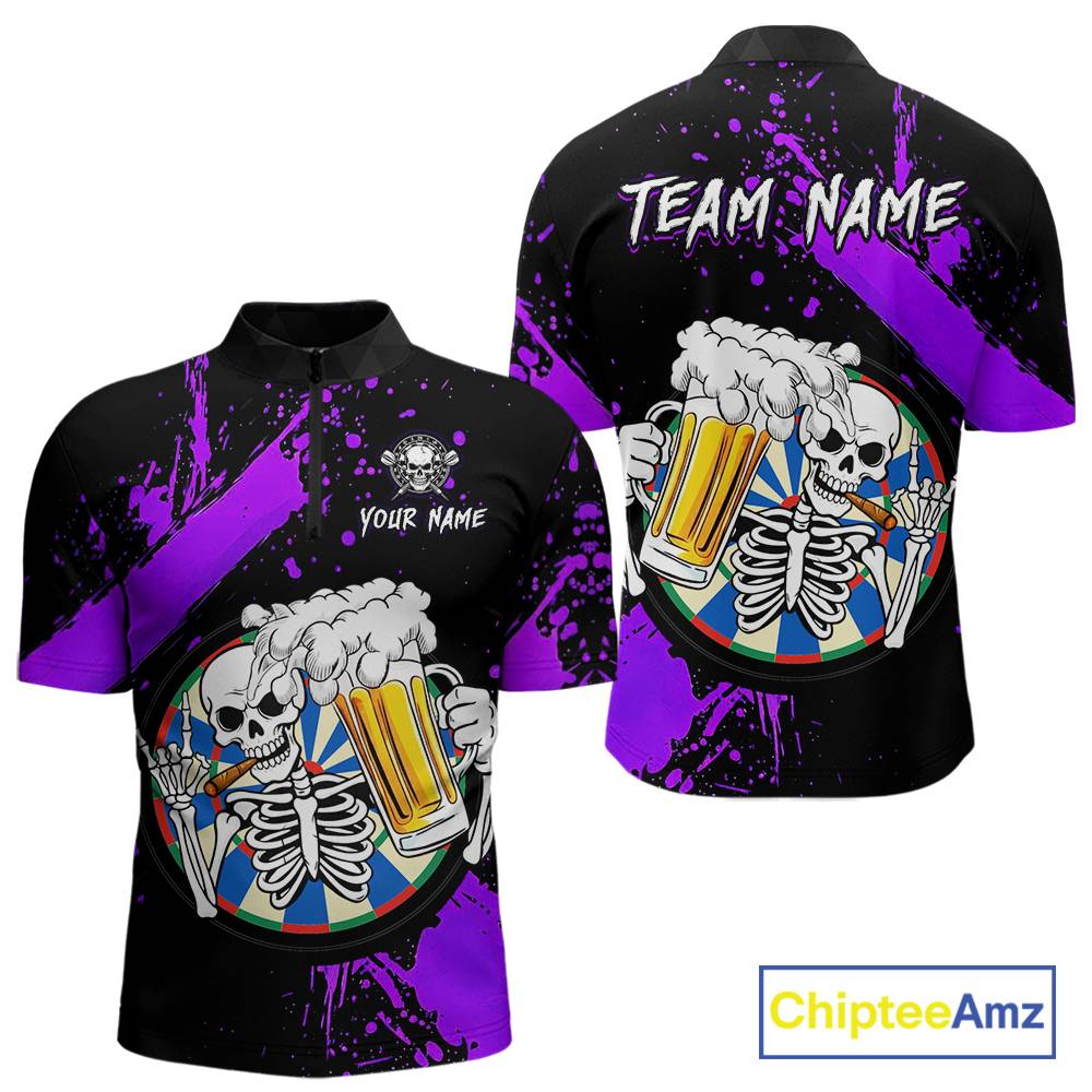 Custom Purple Skeleton Dart Jersey for Team Polo & 1/4 Zip Beer Dartboard Shirts Dart Jerseys Gift for Men DHT3