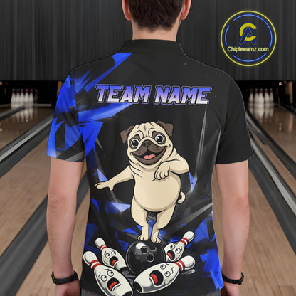 Custom Blue Funny Pug Dog Bowling League Shirt for Men Polo & 1/4-Zip Bowling Jersey for Team QZT906