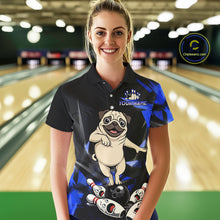 Load image into Gallery viewer, Custom Blue Funny Pug Dog Bowling League Shirt for Women Polo &amp; 1/4-Zip Bowling Jersey for Team QZT906