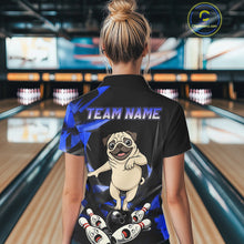 Load image into Gallery viewer, Custom Blue Funny Pug Dog Bowling League Shirt for Women Polo &amp; 1/4-Zip Bowling Jersey for Team QZT906