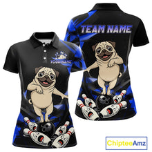 Load image into Gallery viewer, Custom Blue Funny Pug Dog Bowling League Shirt for Women Polo &amp; 1/4-Zip Bowling Jersey for Team QZT906