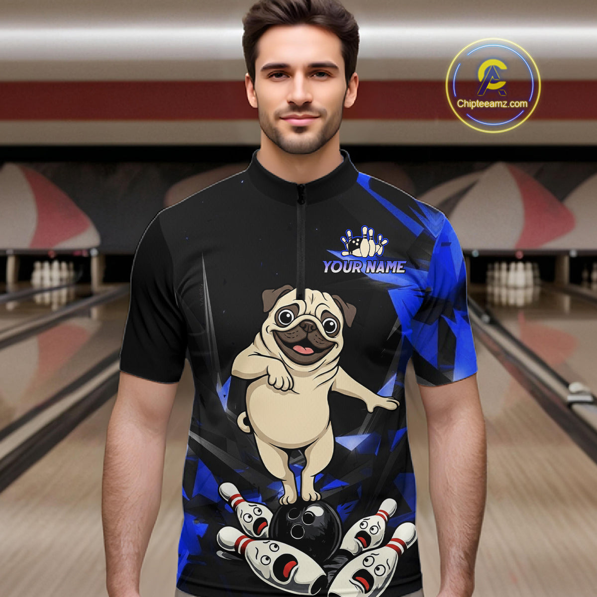 Custom Blue Funny Pug Dog Bowling League Shirt for Men Polo & 1/4-Zip Bowling Jersey for Team QZT906