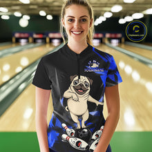 Load image into Gallery viewer, Custom Blue Funny Pug Dog Bowling League Shirt for Women Polo &amp; 1/4-Zip Bowling Jersey for Team QZT906