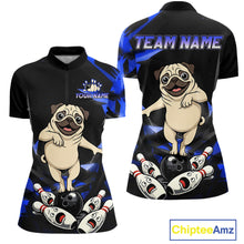 Load image into Gallery viewer, Custom Blue Funny Pug Dog Bowling League Shirt for Women Polo &amp; 1/4-Zip Bowling Jersey for Team QZT906
