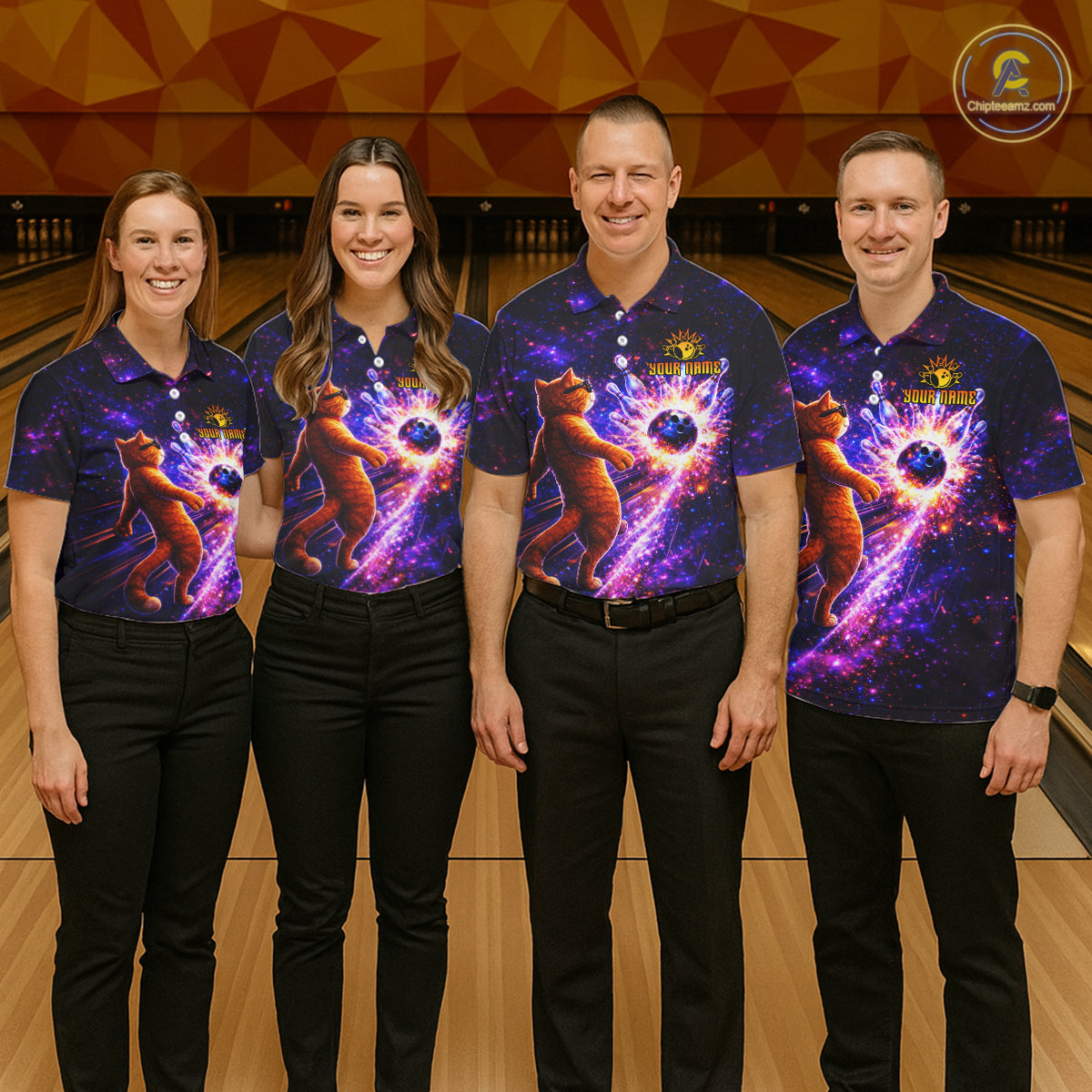 Galaxy Funny Cat Bowling Shirt for Men Custom Bowling League Jersey Polo & Quarter-Zip Bowler Gift QZT918