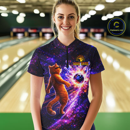 Galaxy Funny Cat Bowling Shirt for Women Custom Bowling League Jersey Polo & Quarter-Zip Bowler Gift QZT918