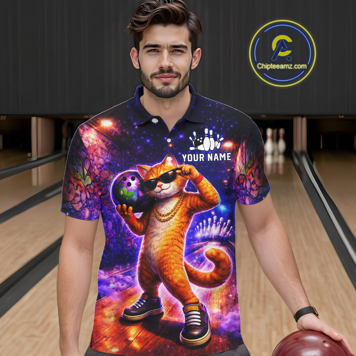 Custom Graffiti Funny Cat Bowling Shirt for Men Bowling League Jersey Polo & Quarter-Zip Bowling Outfit QZT919
