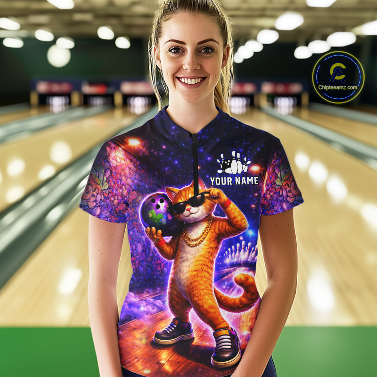 Custom Graffiti Funny Cat Bowling Shirt for Women Bowling League Jersey Polo & Quarter-Zip Bowling Outfit QZT919