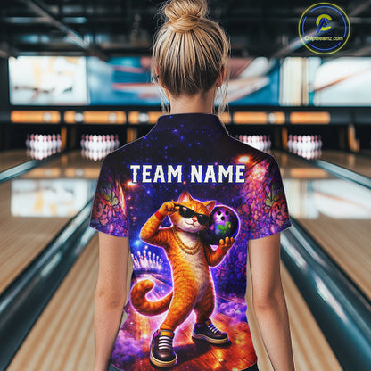 Custom Graffiti Funny Cat Bowling Shirt for Women Bowling League Jersey Polo & Quarter-Zip Bowling Outfit QZT919