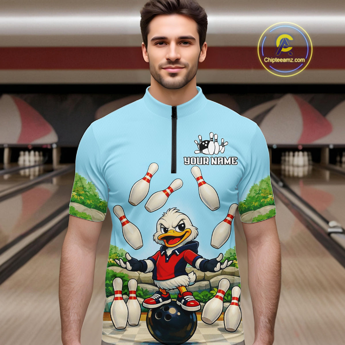 Personalized Funny Duck Bowling Team Shirt for Men Bowling Jersey Performance Polo & 1/4-Zip QZT45