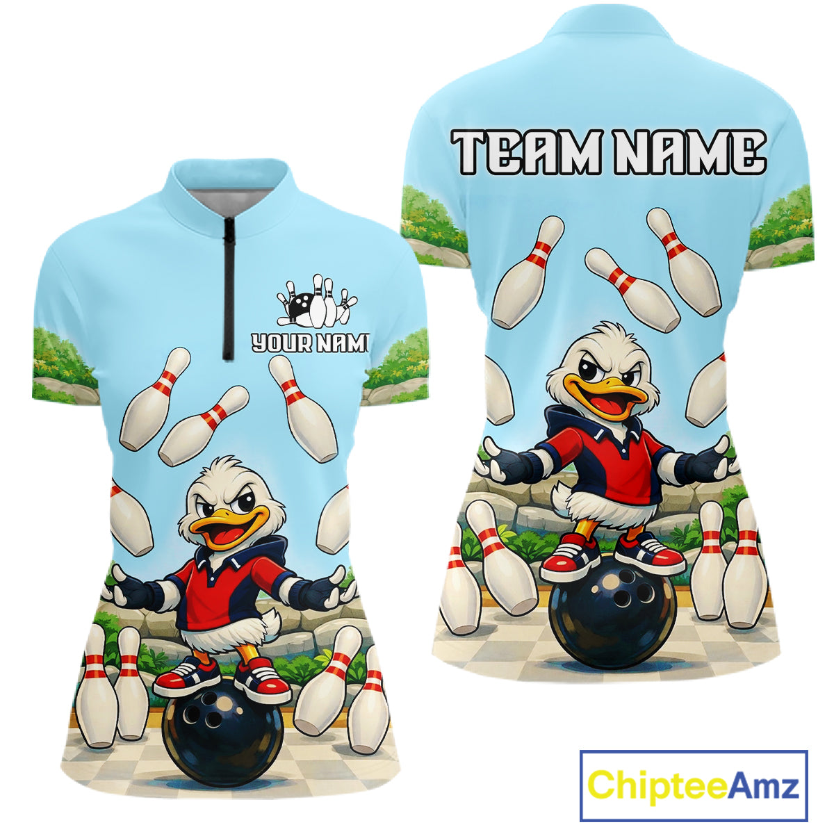 Personalized Funny Duck Bowling Team Shirt for Women Bowling Jersey Performance Polo & 1/4-Zip QZT45