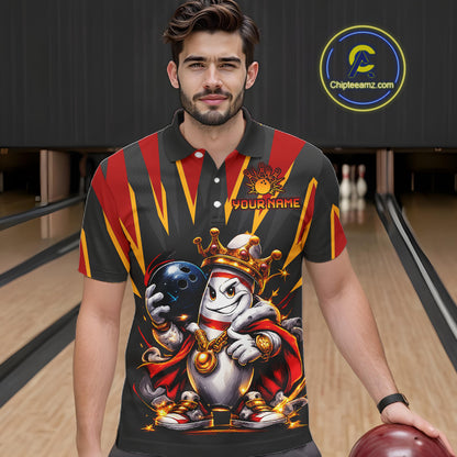 Man wearing a custom bowling shirt with a cartoon character and 'Your Name' text in a bowling alley.