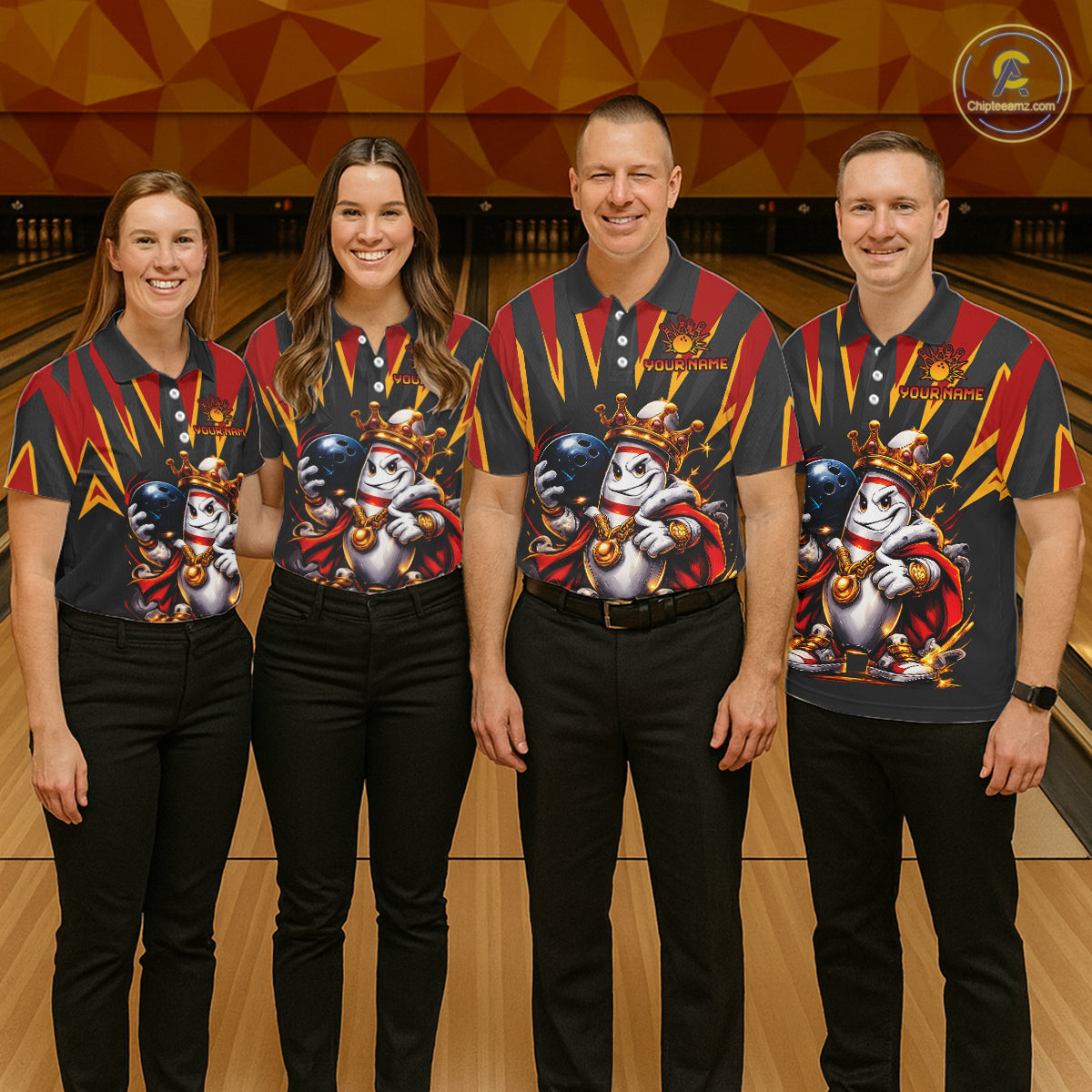 Four people wearing matching bowling shirts with a cartoon character design on a bowling alley.