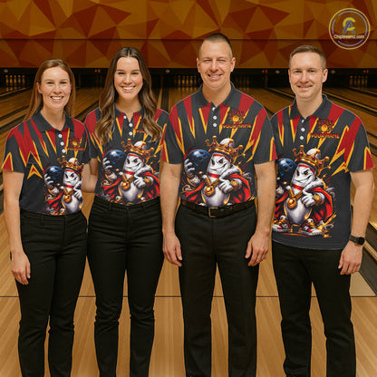 Four people wearing matching bowling shirts with a cartoon character design on a bowling alley.