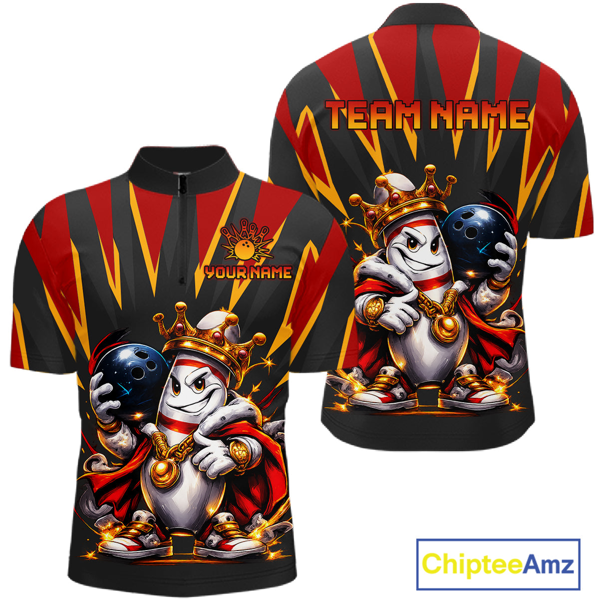 Bowling shirt with cartoon character design and customizable text on a white background