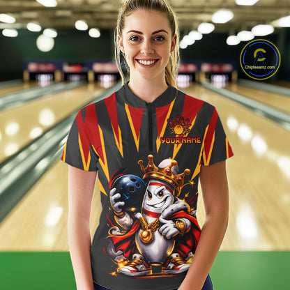 Custom Funny King Pins Bowling Shirt for Women Bowling Team Jersey Bowling Buddies Outfit Polo & 1/4 Zip QZT947