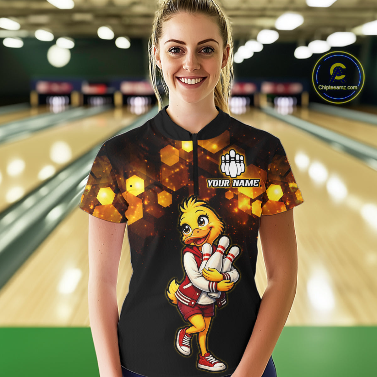 Custom Black & Gold Funny Duck Bowling Shirt for Women Bowling Jersey League for Couples QZT873