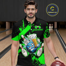 Load image into Gallery viewer, Custom Green Funny Beer Bowling Shirt for Men Bowling League Jersey Polo 1/4 Zip Bowling Outfit QZT822