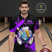Load image into Gallery viewer, Custom Purple Funny Beer Bowling Shirt for Men Bowling League Jersey Polo 1/4 Zip Bowling Outfit QZT822