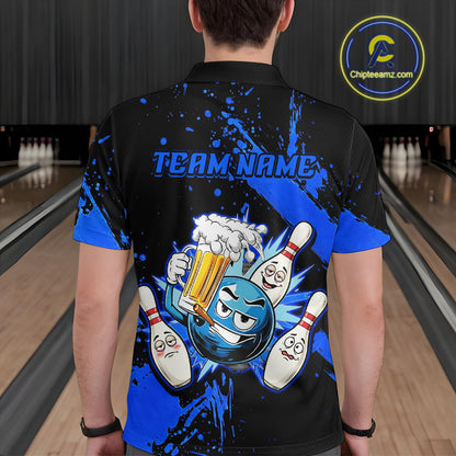 Custom Blue Funny Beer Bowling Shirt for Men Bowling League Jersey Polo 1/4 Zip Bowling Outfit QZT822