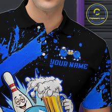 Load image into Gallery viewer, Custom Blue Funny Beer Bowling Shirt for Men Bowling League Jersey Polo 1/4 Zip Bowling Outfit QZT822