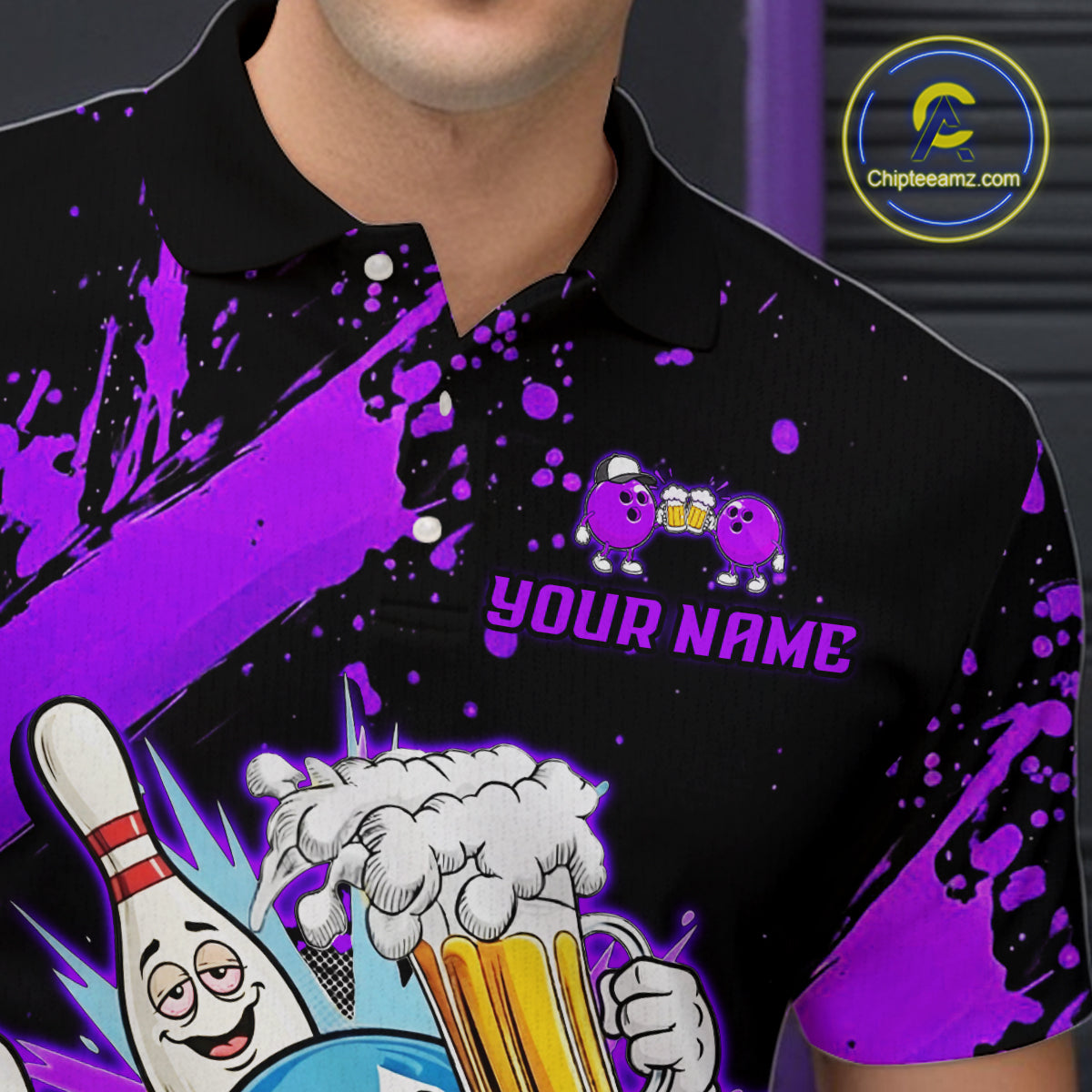 Custom Purple Funny Beer Bowling Shirt for Men Bowling League Jersey Polo 1/4 Zip Bowling Outfit QZT822