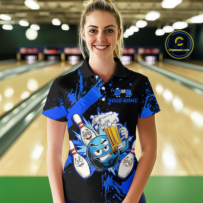 Custom Blue Funny Beer Bowling Shirt for Women Bowling League Jersey Polo 1/4 Zip Bowling Outfit QZT822
