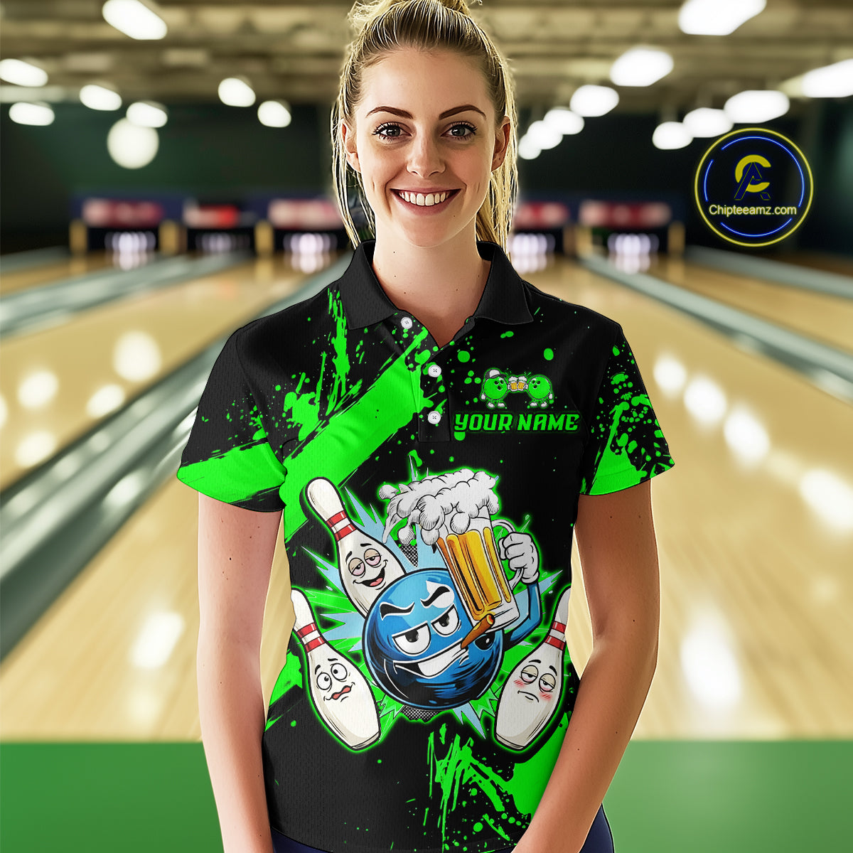 Custom Green Funny Beer Bowling Shirt for Women Bowling League Jersey Polo 1/4 Zip Bowling Outfit QZT822