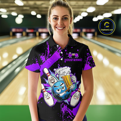Custom Purple Funny Beer Bowling Shirt for Women Bowling League Jersey Polo 1/4 Zip Bowling Outfit QZT822