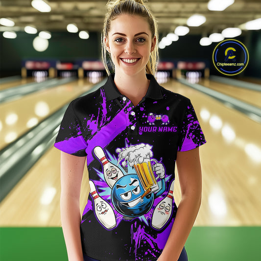 Custom Purple Funny Beer Bowling Shirt for Women Bowling League Jersey Polo 1/4 Zip Bowling Outfit QZT822