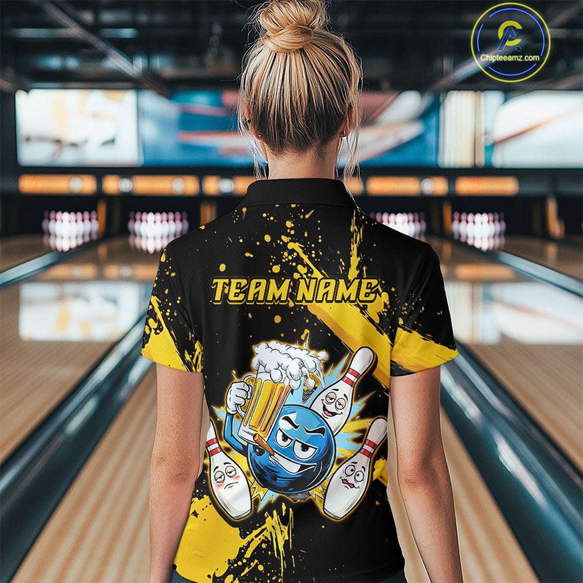 Custom Yellow Funny Beer Bowling Shirt for Women Bowling League Jersey Polo 1/4 Zip Bowling Outfit QZT822
