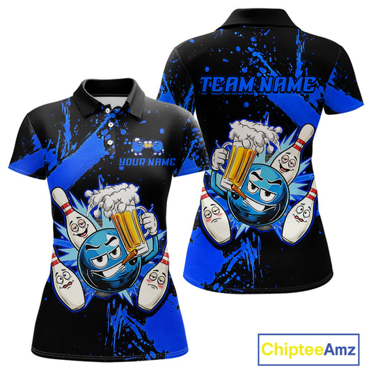 Custom Blue Funny Beer Bowling Shirt for Women Bowling League Jersey Polo 1/4 Zip Bowling Outfit QZT822