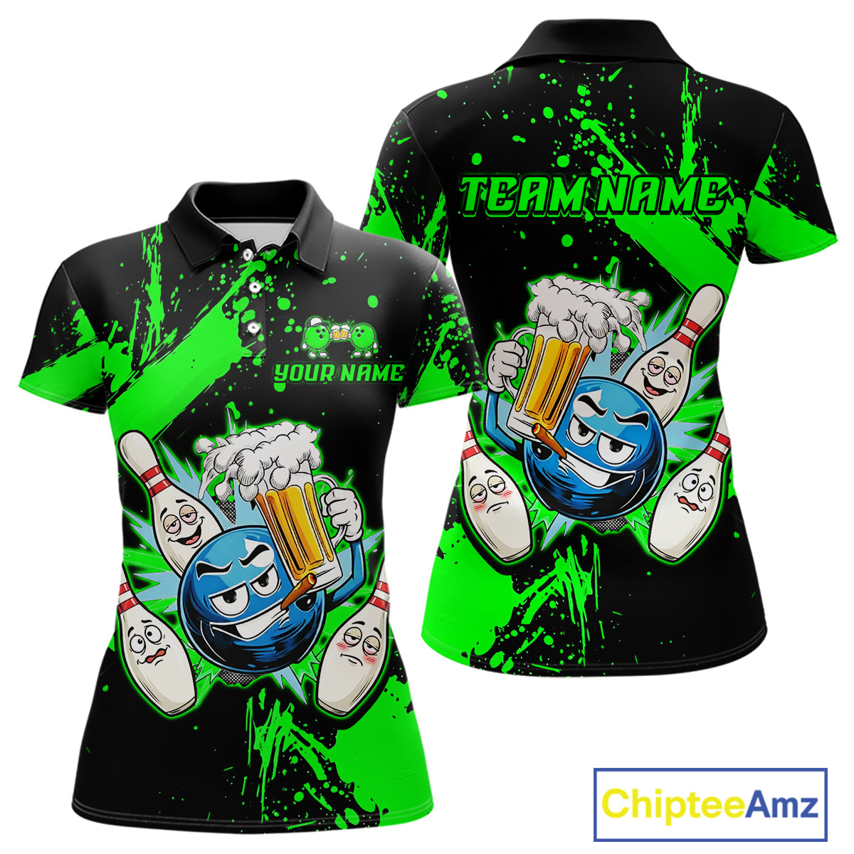 Custom Green Funny Beer Bowling Shirt for Women Bowling League Jersey Polo 1/4 Zip Bowling Outfit QZT822