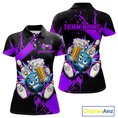 Custom Purple Funny Beer Bowling Shirt for Women Bowling League Jersey Polo 1/4 Zip Bowling Outfit QZT822
