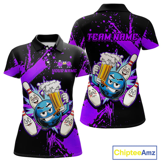 Custom Purple Funny Beer Bowling Shirt for Women Bowling League Jersey Polo 1/4 Zip Bowling Outfit QZT822