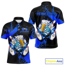 Load image into Gallery viewer, Custom Blue Funny Beer Bowling Shirt for Men Bowling League Jersey Polo 1/4 Zip Bowling Outfit QZT822
