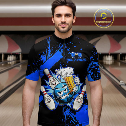 Custom Blue Funny Beer Bowling Shirt for Men Bowling League Jersey Polo 1/4 Zip Bowling Outfit QZT822
