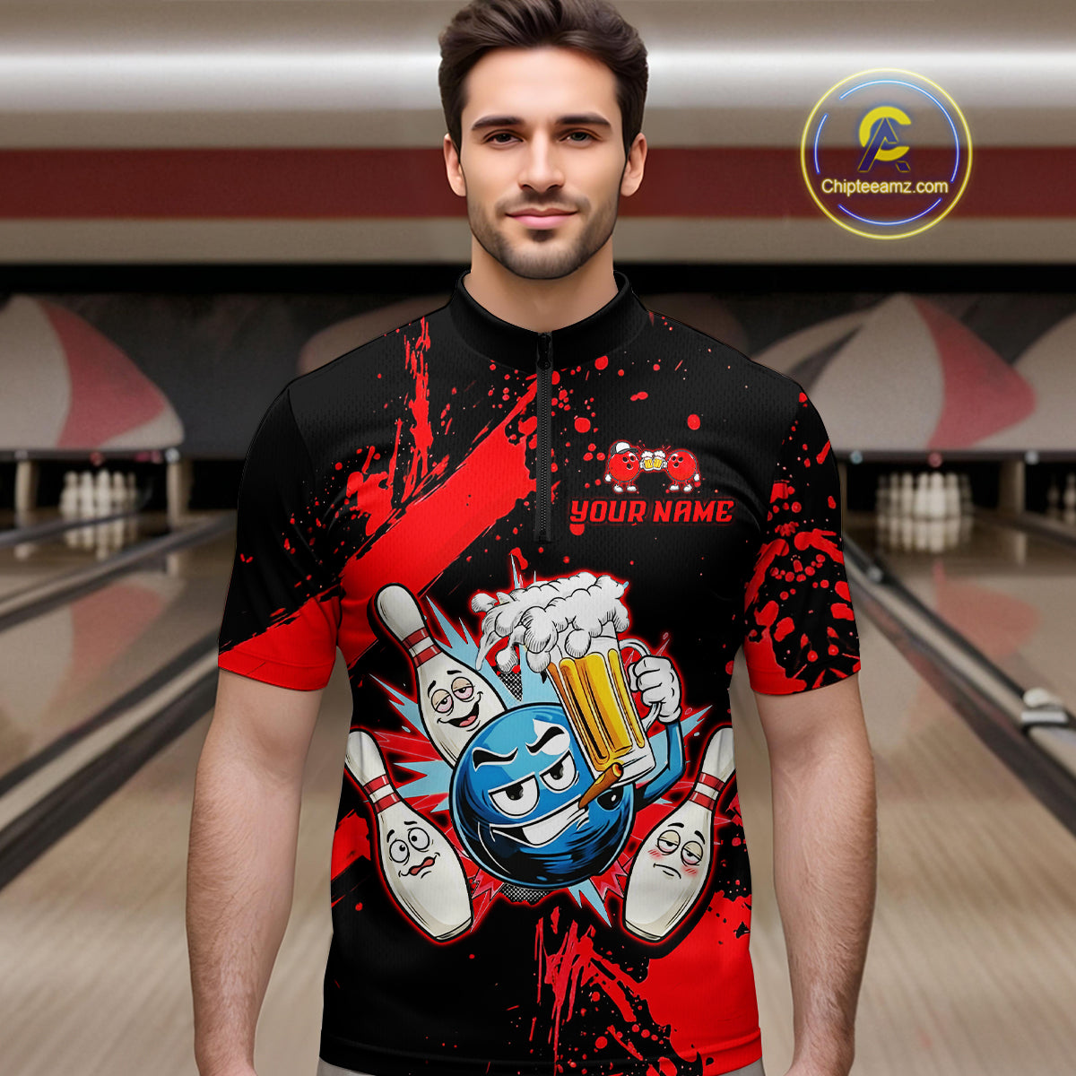 Custom Red Funny Beer Bowling Shirt for Men Bowling League Jersey Polo 1/4 Zip Bowling Outfit QZT822