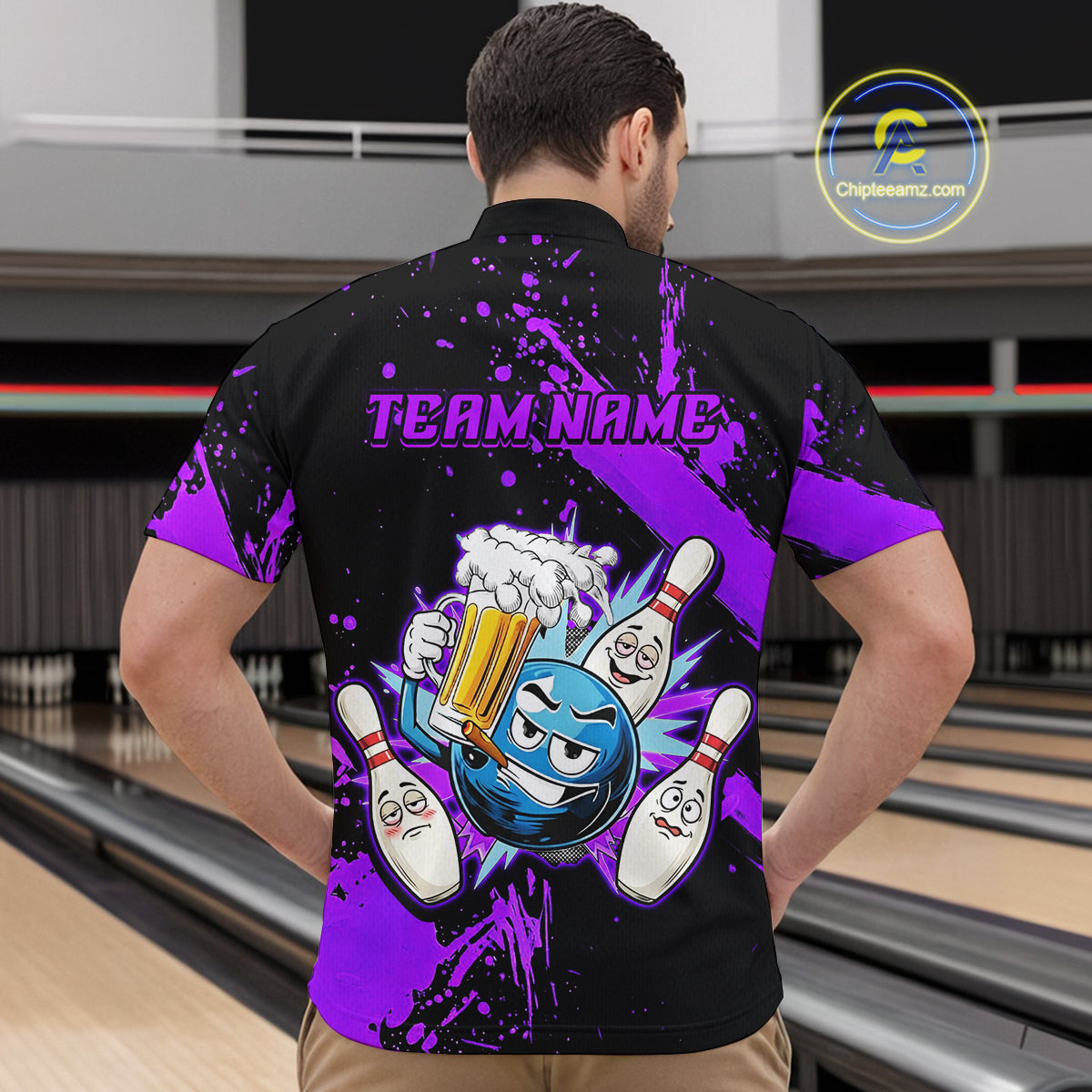 Custom Purple Funny Beer Bowling Shirt for Men Bowling League Jersey Polo 1/4 Zip Bowling Outfit QZT822