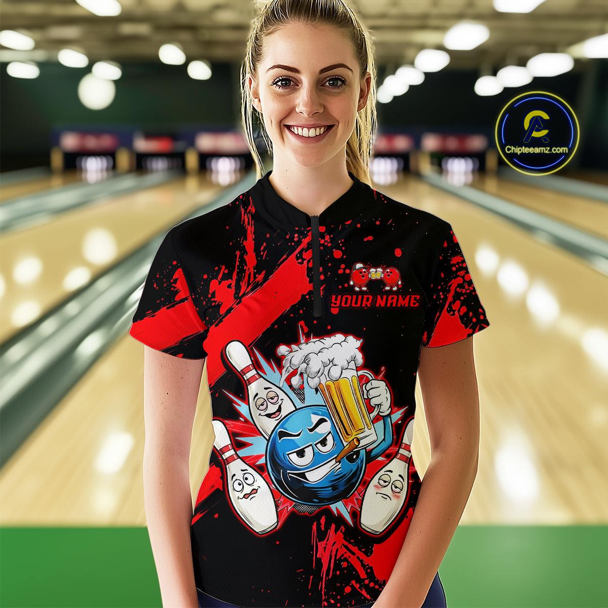 Custom Red Funny Beer Bowling Shirt for Women Bowling League Jersey Polo 1/4 Zip Bowling Outfit QZT822