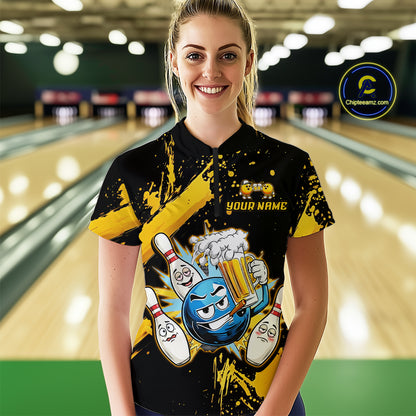 Custom Yellow Funny Beer Bowling Shirt for Women Bowling League Jersey Polo 1/4 Zip Bowling Outfit QZT822