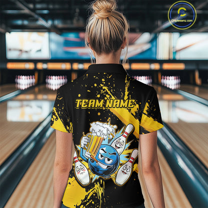 Custom Yellow Funny Beer Bowling Shirt for Women Bowling League Jersey Polo 1/4 Zip Bowling Outfit QZT822