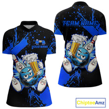 Load image into Gallery viewer, Custom Blue Funny Beer Bowling Shirt for Women Bowling League Jersey Polo 1/4 Zip Bowling Outfit QZT822