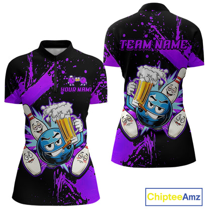Custom Purple Funny Beer Bowling Shirt for Women Bowling League Jersey Polo 1/4 Zip Bowling Outfit QZT822