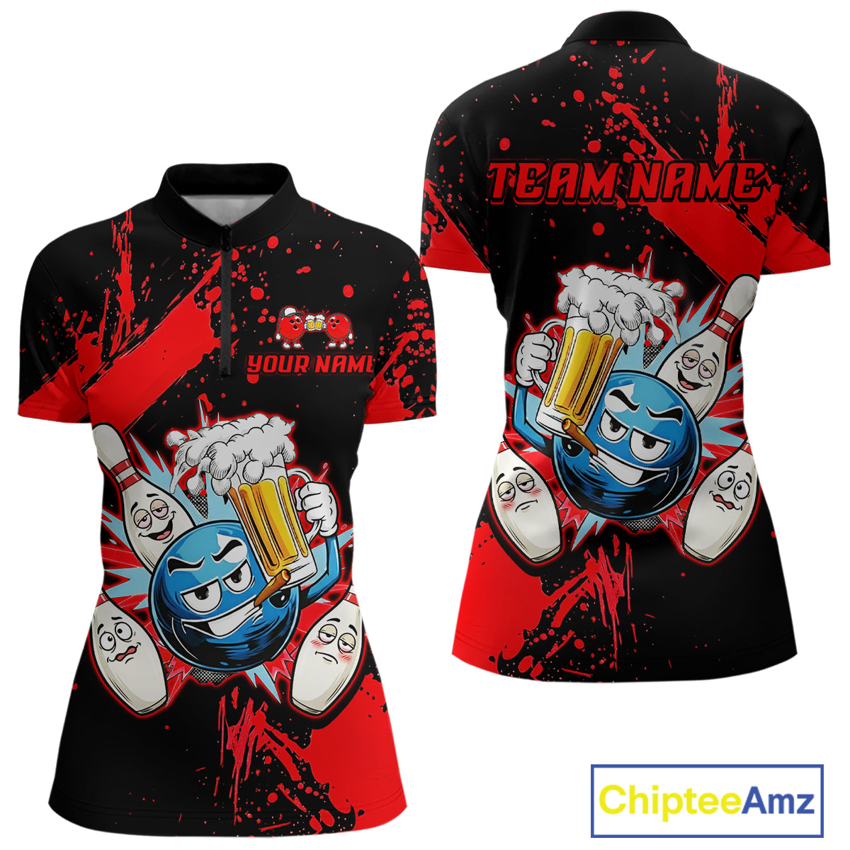 Custom Red Funny Beer Bowling Shirt for Women Bowling League Jersey Polo 1/4 Zip Bowling Outfit QZT822