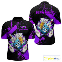 Load image into Gallery viewer, Custom Purple Funny Beer Bowling Shirt for Men Bowling League Jersey Polo 1/4 Zip Bowling Outfit QZT822