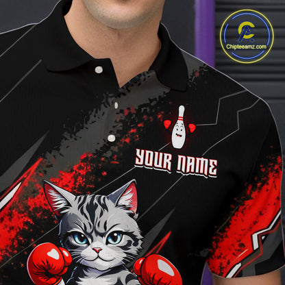 Funny Red Cat Boxing Bowling Team Jersey Personalized Polo & 1/4 Zip Shirt for Men Bowling League QZT825