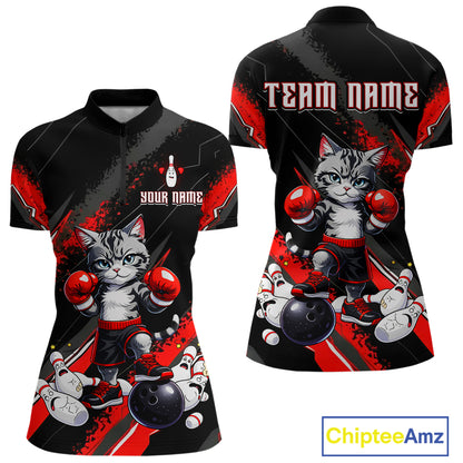 Funny Red Cat Bowling Team Jersey Personalized Polo & 1/4 Zip Shirt for Women Bowling League QZT825